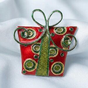 Gift Box Brooch Red Green Enamel Glitter Present Pin Pendant 3”